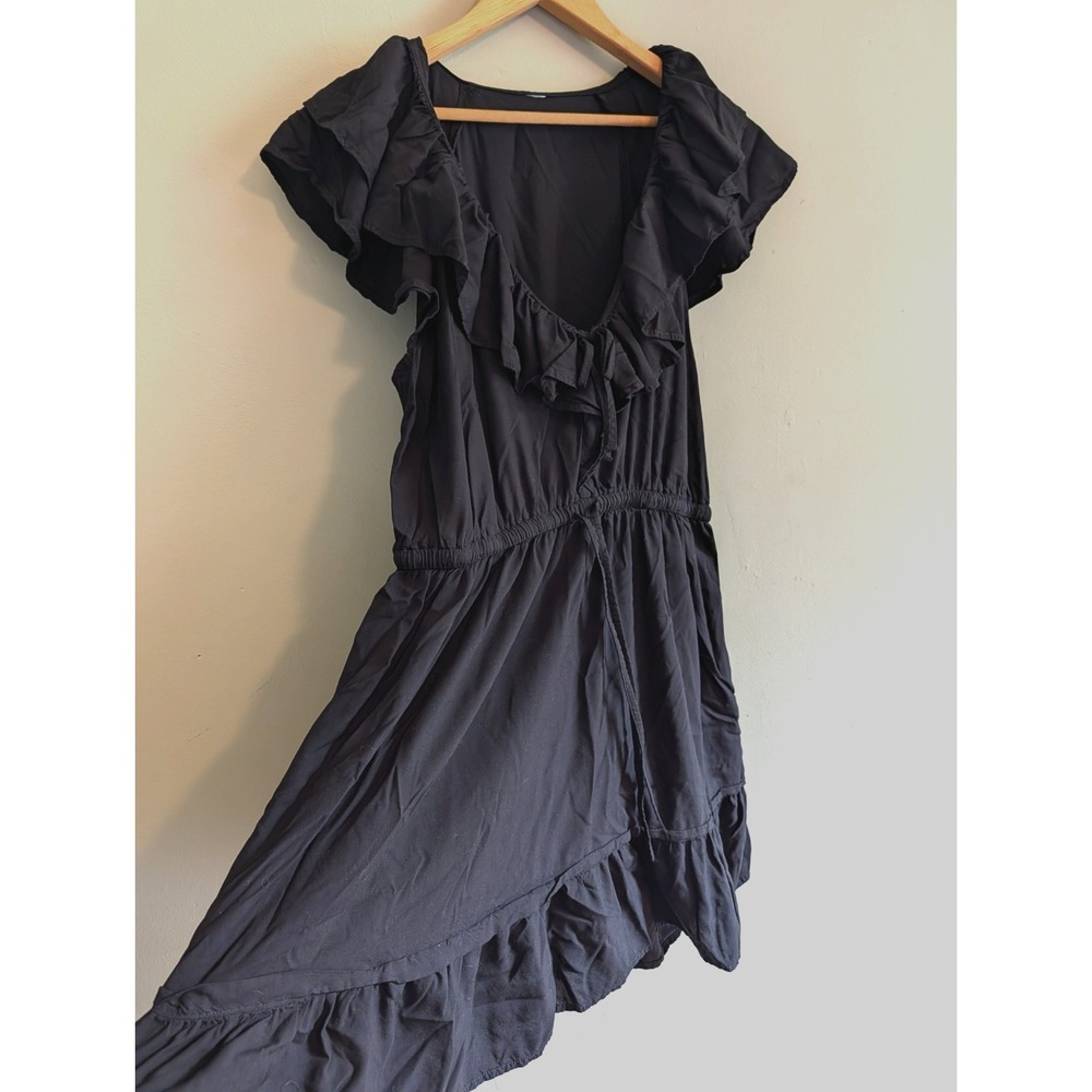Old Navy Black Ruffle Flutter Sleeve Tiered Midi Dress L Boho Elastic Waist Cute